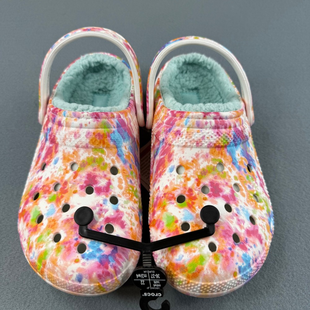 Crocs Classic Lined Clog Womens 6 Men 4 Multi Tie Dye Teal Fleece Fur Splatter